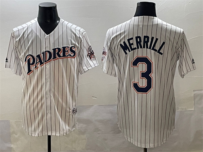 Men's San Diego Padres #3 Jackson Merrill White Throwback With Patch Cool Base Stitched Jersey